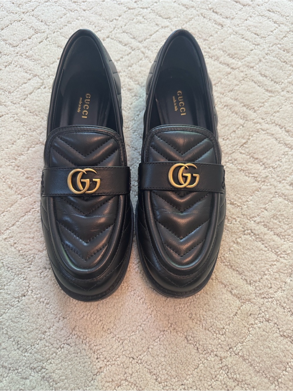 Gucci Black Quilted Leather GG Logo Slip-On Loafers. True to Size